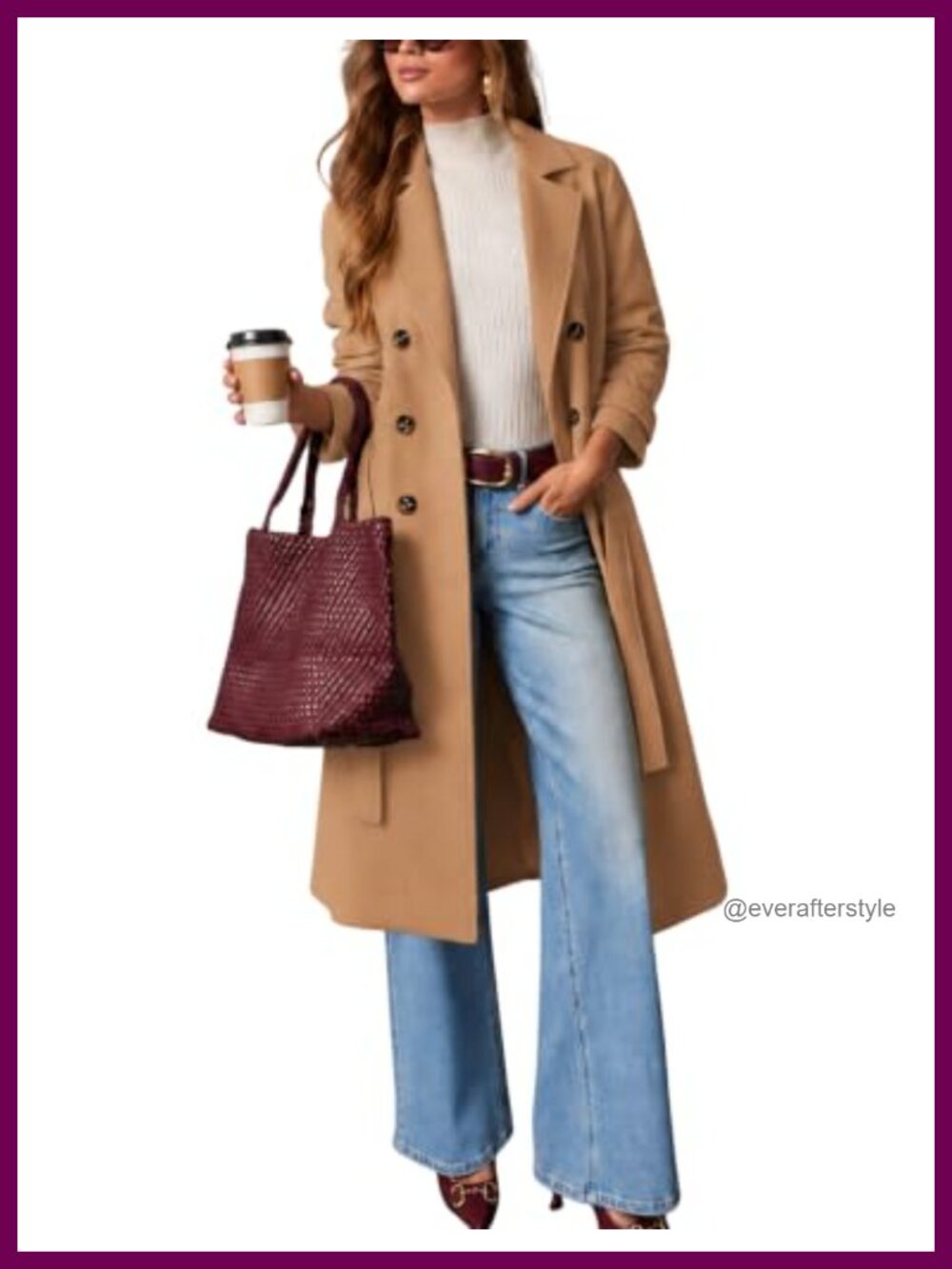 Wool Blend Pea Coat Winter Long Trench Coat Double Breasted Belted